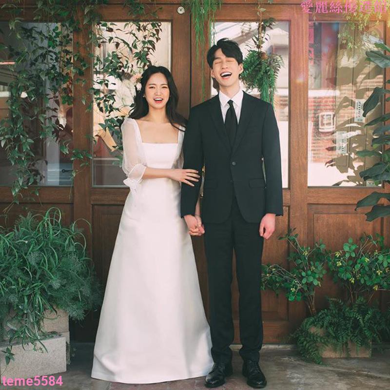 愛麗絲 法式輕婚紗新娘新款簡約白色緞面長袖魚尾復古出門紗齊地禮服 蝦皮購物