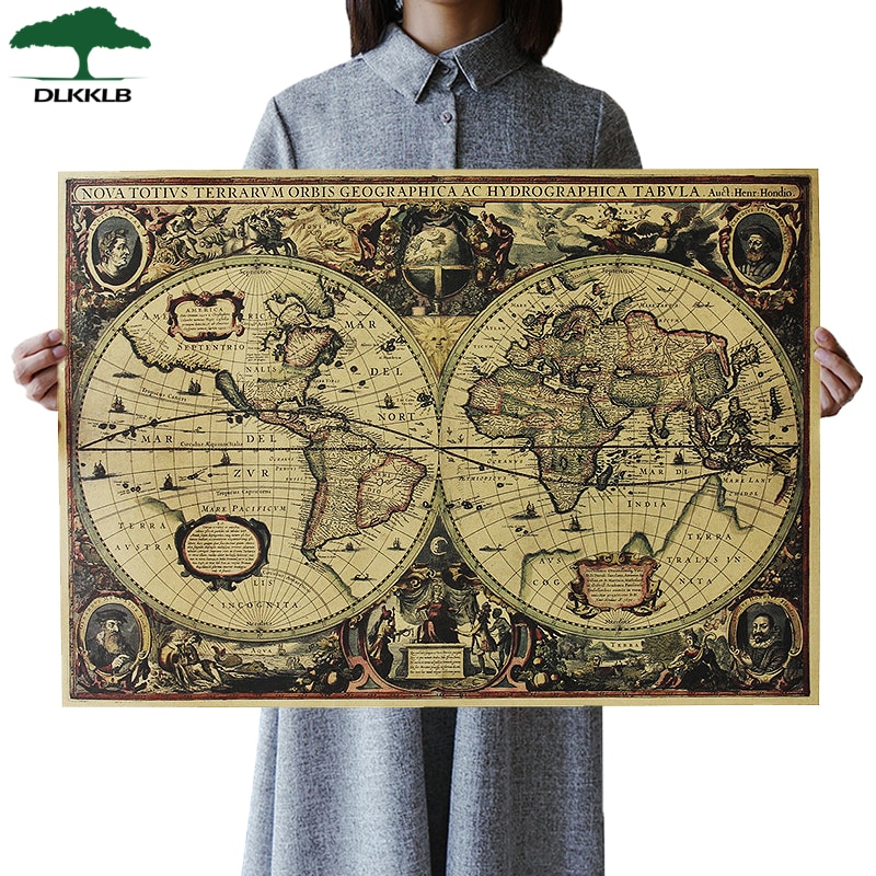 Dlkklb 復古世界地圖航海地圖復古海報牛皮紙黑板貼紙古董家居裝飾大尺寸世界地圖