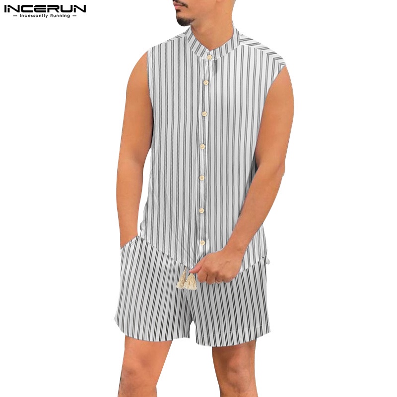 Incerun 男士夏季時尚無袖襯衫 + 短褲條紋寬鬆休閒套裝