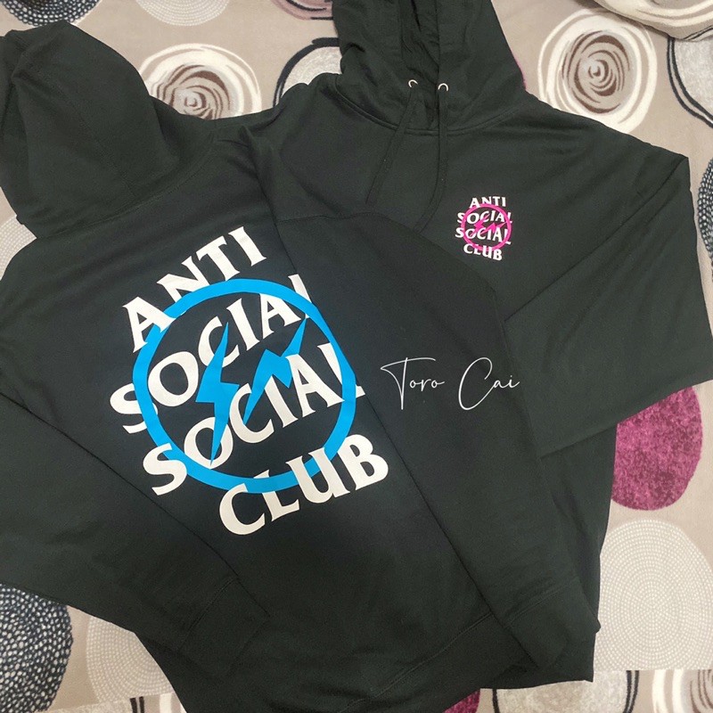 anti social social club x fragment聯名黑L帽tee藍閃電