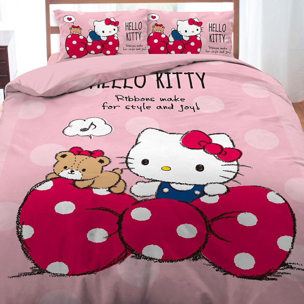 HELLO KITTY 點點蝴蝶結 精梳棉 單人 雙人 床包枕套 涼被 被套 兩用被 中枕 枕頭2入 台灣授權生產