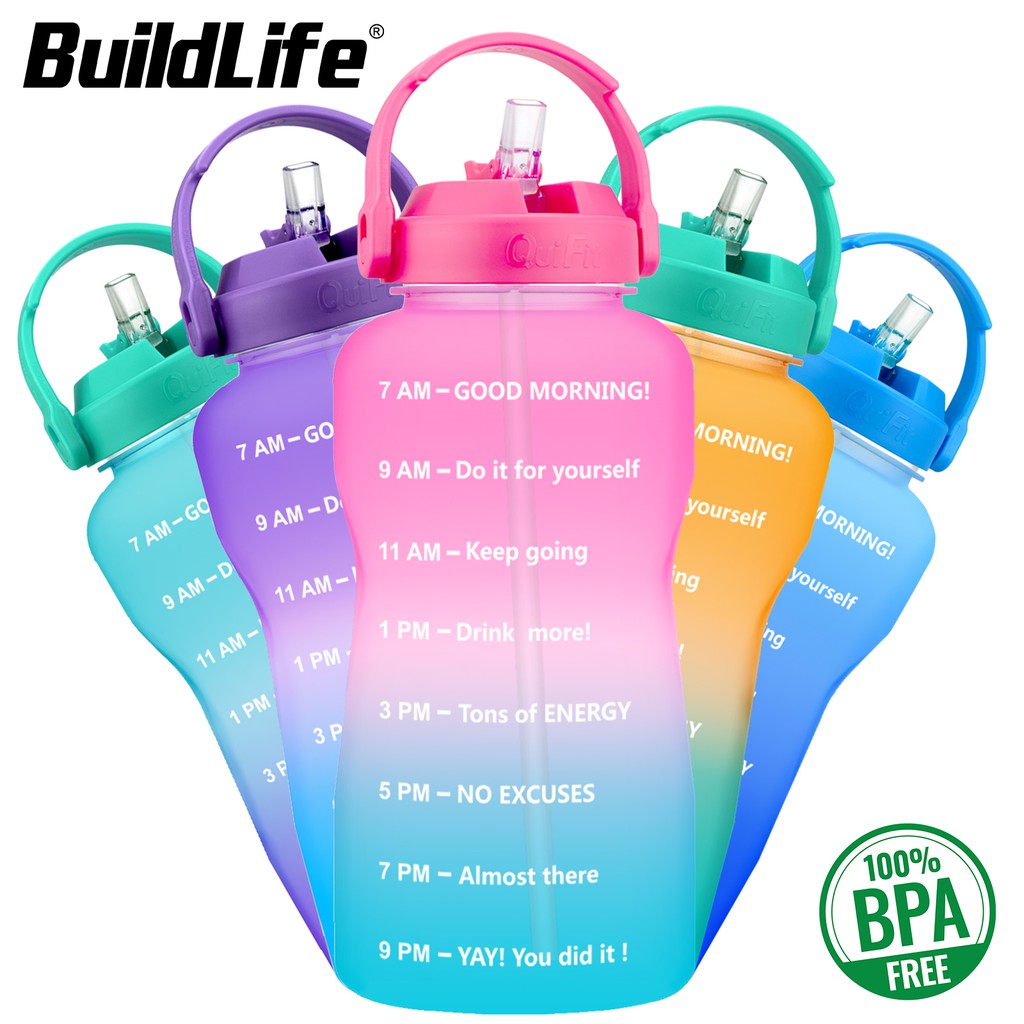 Buildlife 2L Tritan 水瓶帶吸管廣口時間標記 BPA 免費運動戶外健身房保溫瓶