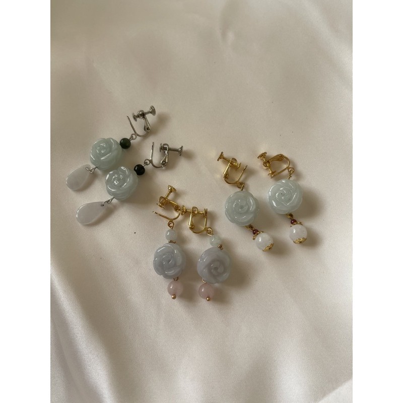 慕翠手作 凝花 天然翡翠翡翠玫瑰薔薇翡翠圓珠水滴夾式 耳夾式翡翠耳環手作耳環古風耳環 皆已保留 蝦皮購物