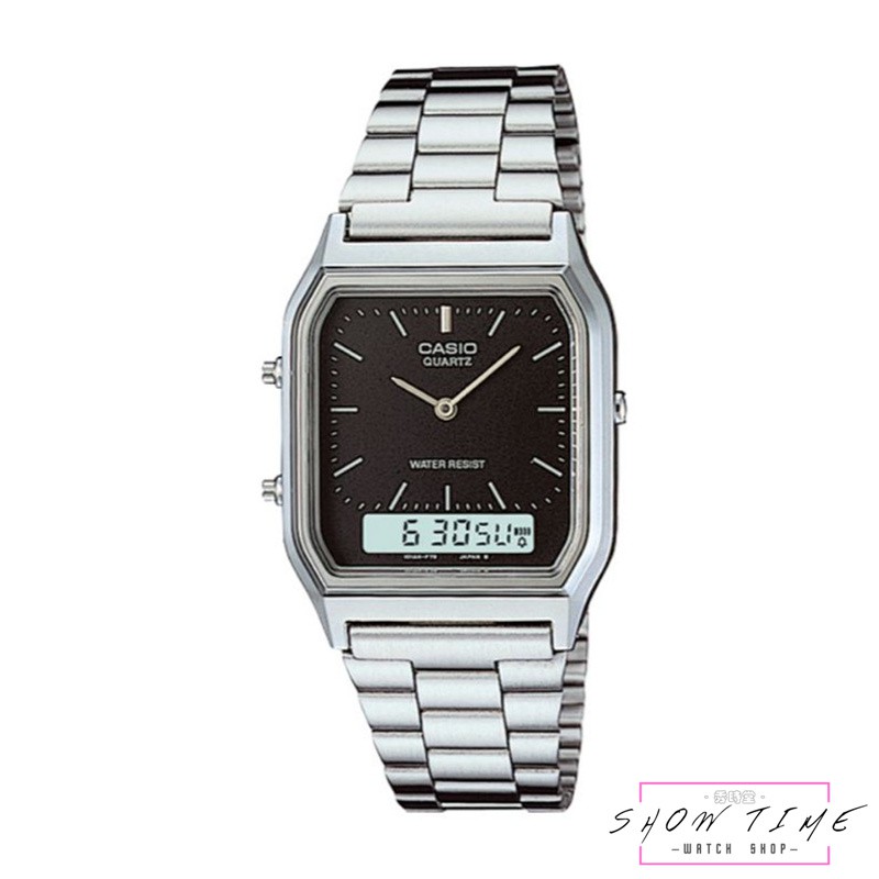CASIO 卡西歐 經典 復古風格 雙顯示電子錶 不鏽鋼帶款 黑面 銀色 AQ-230A-1 [ 秀時堂 ]