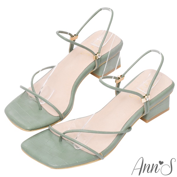 Ann’S極細線條就是性感-可兩穿方頭粗跟夾腳涼鞋3.5cm-綠