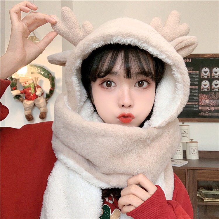 [66大賣埸] 冬季可愛減齡少女聖誕新年加厚保暖日韓帽子圍巾手套一體