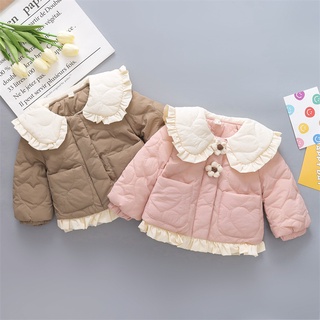 甜美荷葉邊娃娃領女寶寶棉衣冬季嬰兒外套花朵裝飾短款加厚防風保暖女童童裝