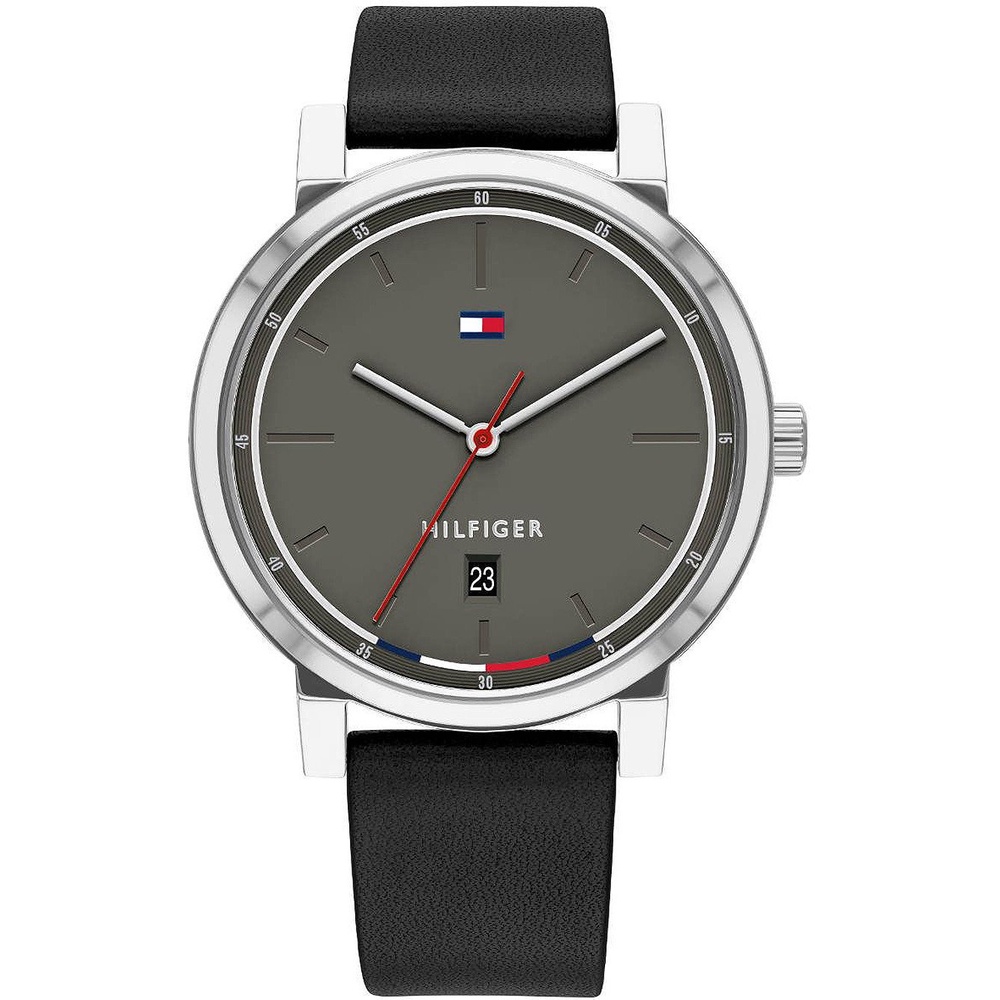 Tommy Hilfiger 簡約銀殼灰色素面皮革腕錶 日期顯示 43mm TH700068 台灣公司貨保固二年