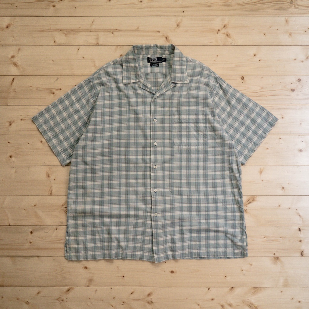 《白木11》 🇺🇸 90s Polo Ralph Lauren box shirt 淺藍 格紋 開領 短袖 襯衫