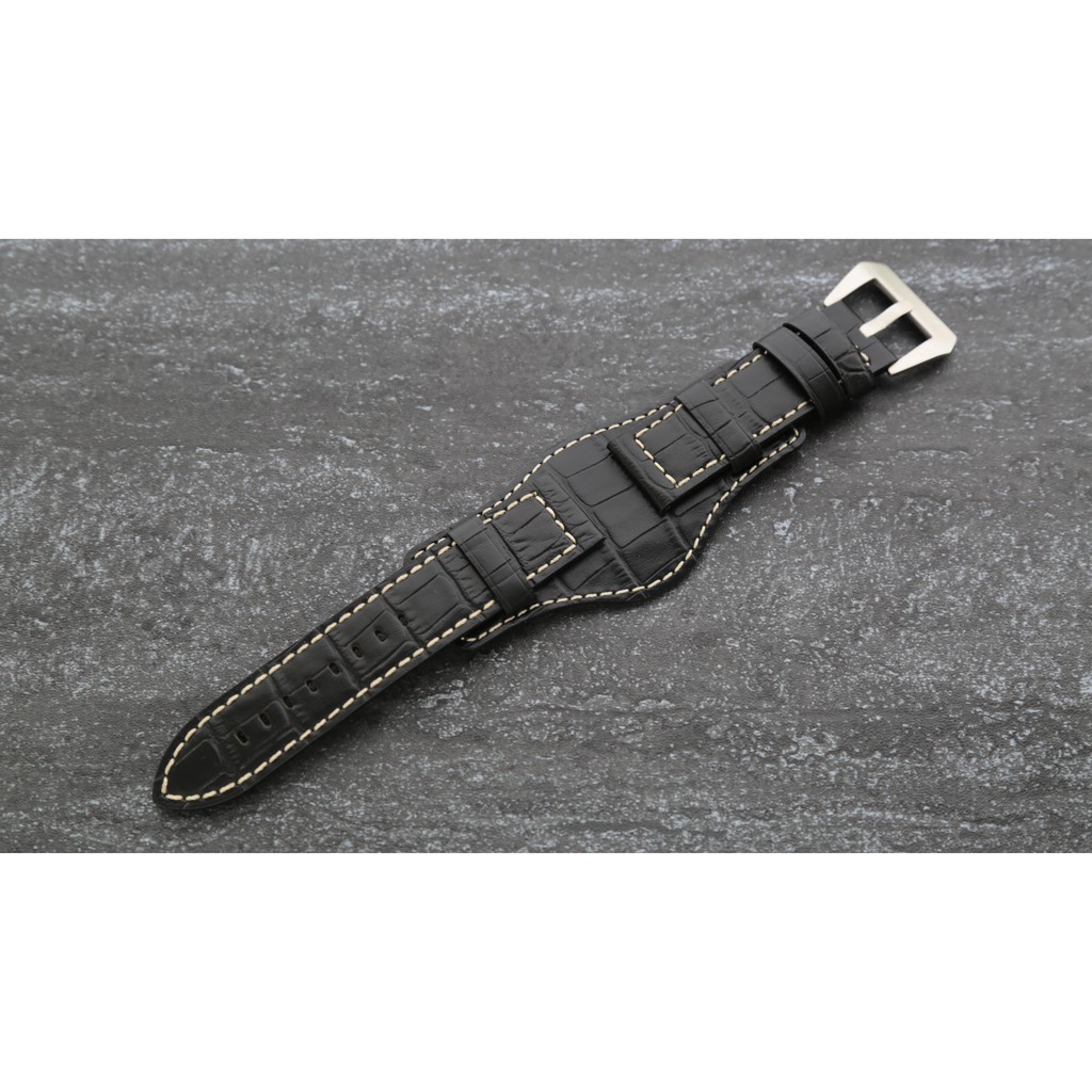 20mm皮底皮面錶帶rolex的新衣 bund watch strap飛行軍錶風格,,黑~白色縫線