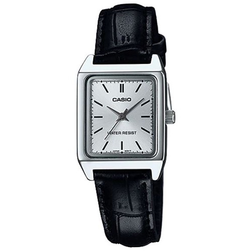 【CASIO】經典時尚方形銀框皮革腕錶-羅馬銀面(LTP-V007L-7E1)正版宏崑公司貨