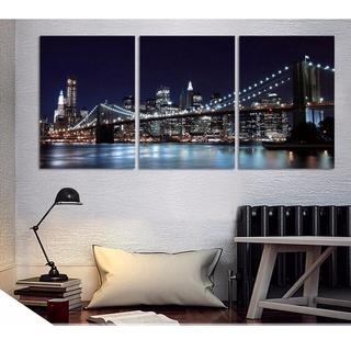 【熱賣】實木框畫 紐約布魯克林大橋 城市夜景 現代唯美風景裝飾畫 居家客廳臥室玄關掛畫 沙發背景牆
