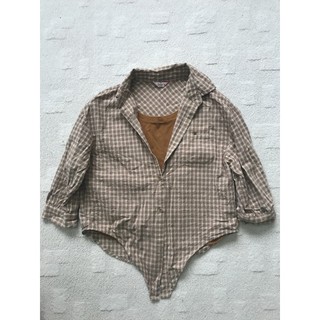 Ivy’s 棉麻材質駝色格子襯衫假兩件襯衫背心上衣