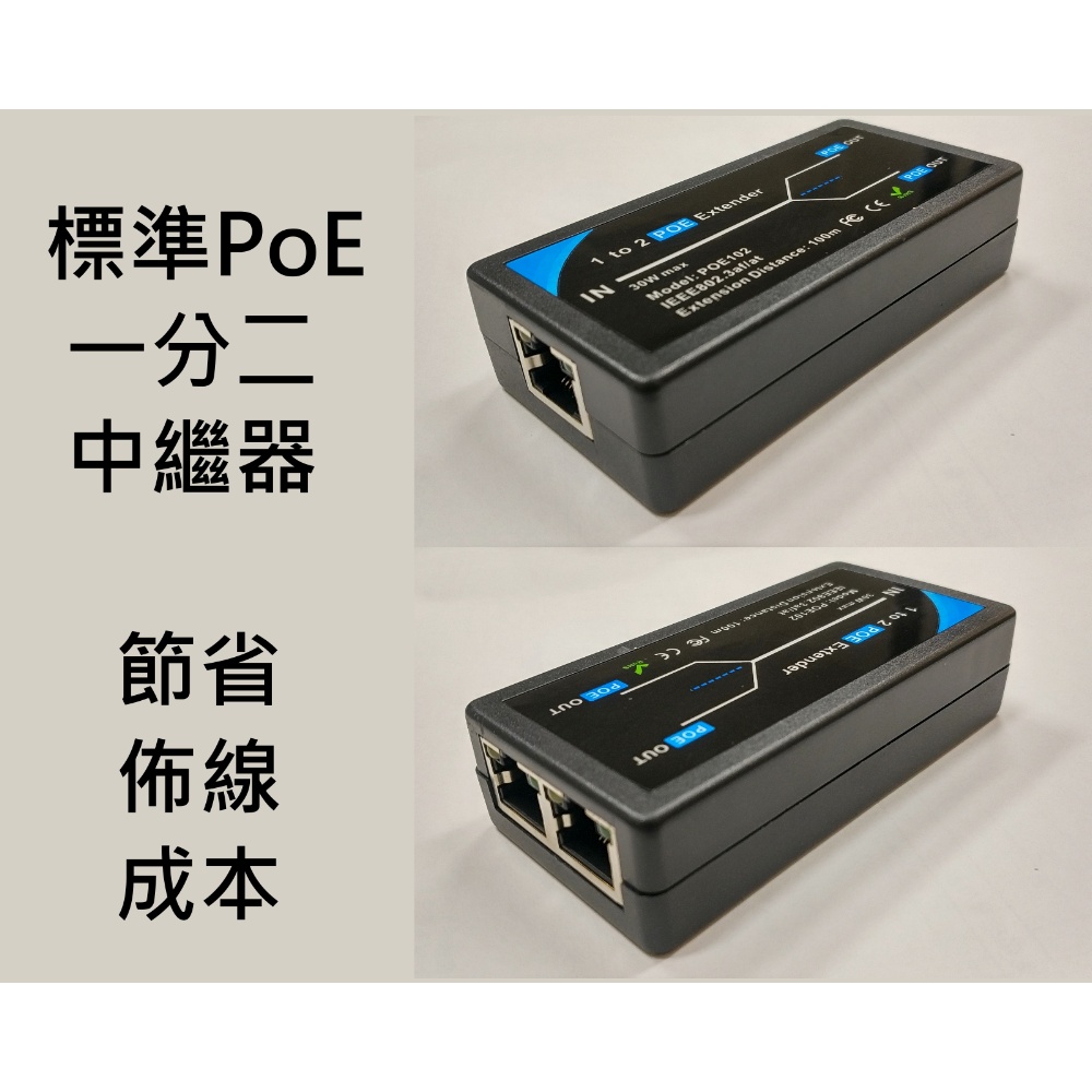 (台灣現貨)標準PoE一分二中繼器 1分2 分線器 監控攝影機 IPCAM 國標POE IEEE802.3af/at