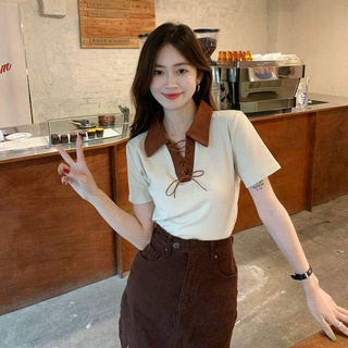 短版T恤 短袖上衣 polo領正肩T恤女裝韓版綁帶設計感修身顯瘦短袖上衣31038 MB090-C衣時尚