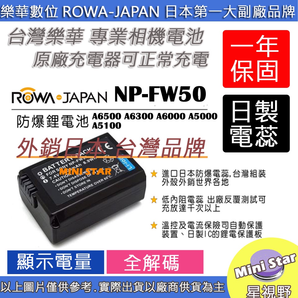 星視野 ROWA 樂華 SONY FW50 電池 A6500 A6300 A6000 A5000 A5100