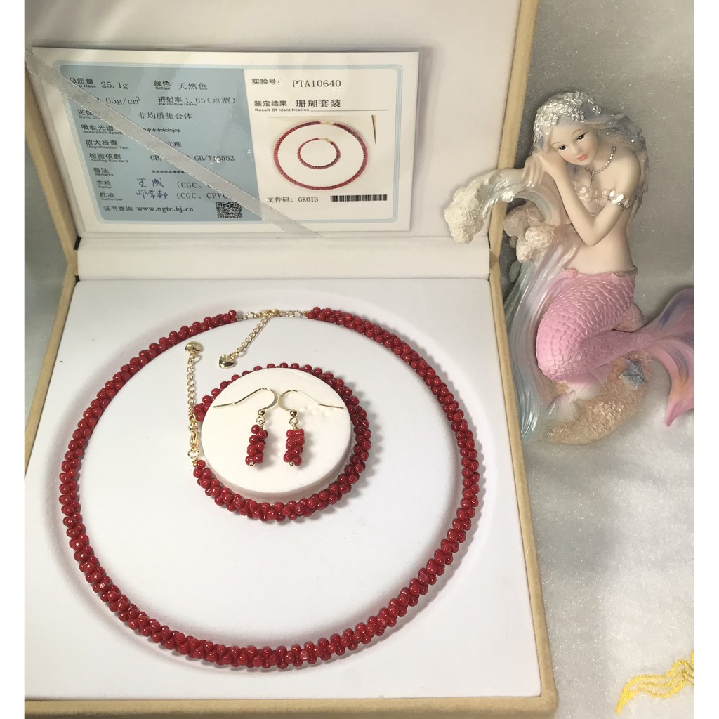 3月誕生石 海底有機寶石 天然ak紅珊瑚珠串三件套 項鍊 手鍊 耳環 附禮盒 附證書 蝦皮購物