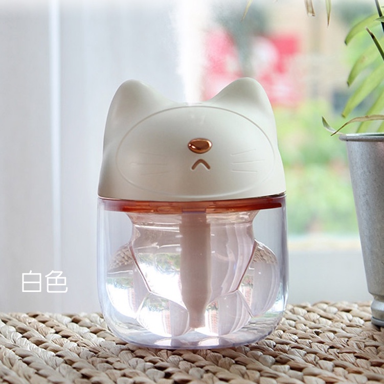 白色款可愛貓咪加濕香薰機 三合一功能(加濕薰香機+七彩小夜燈+風扇) 支持USB插電