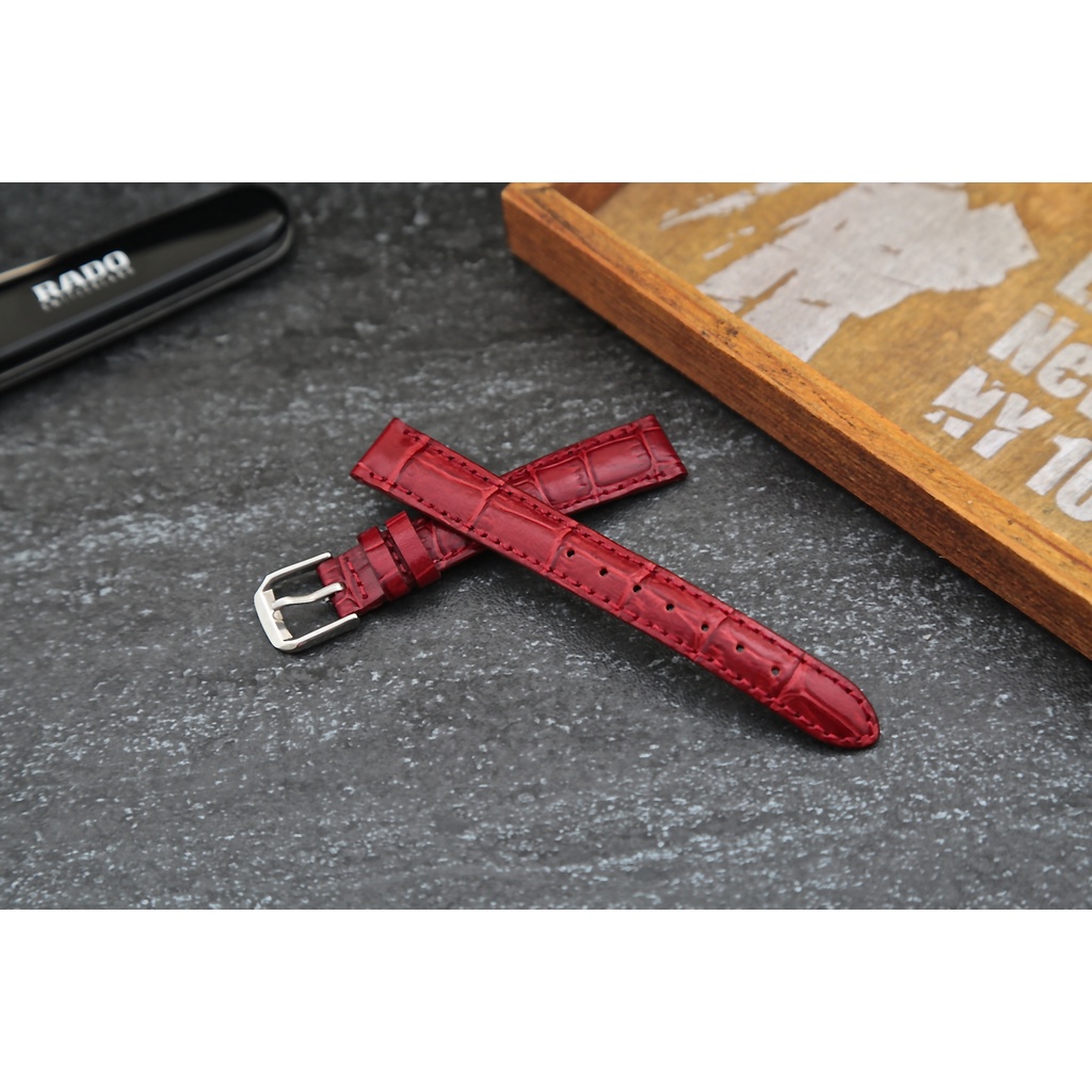 超值14mm紅色壓鱷魚皮紋真皮錶帶, 柔軟皮料, 不鏽鋼製錶扣