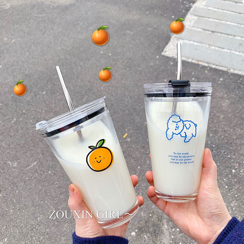 韓國ins風自制可愛卡通透明橘子玻璃杯牛奶果汁杯大容量杯耐高溫