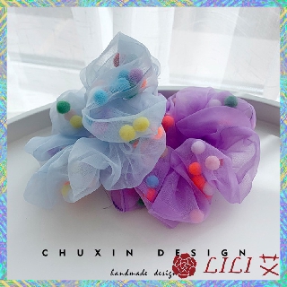現貨秒發《LILI艾》浪漫 童趣 多色 春季 外拍 清新 蘿莉塔 毛球 雪紡 大腸圈 飾品【SX0133】