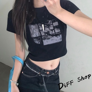 【DIFF】韓版彈性緊身圖案短版上衣 短袖上衣 短袖t恤 女裝 顯瘦上衣 衣服 寬鬆上衣 素T 短板上衣【T436】
