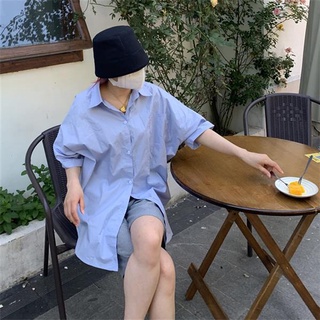 防曬襯衫 韓系上衣 女裝 韓版寬松顯瘦翻領百搭中長款襯衣短袖女5F036 衣時尚