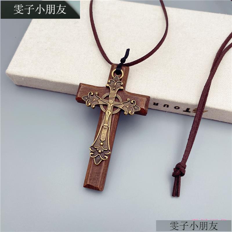 雯子小朋友原創 復古木頭十字架項鍊 男女款 耶穌十字架長款毛衣鏈 時尚韓國