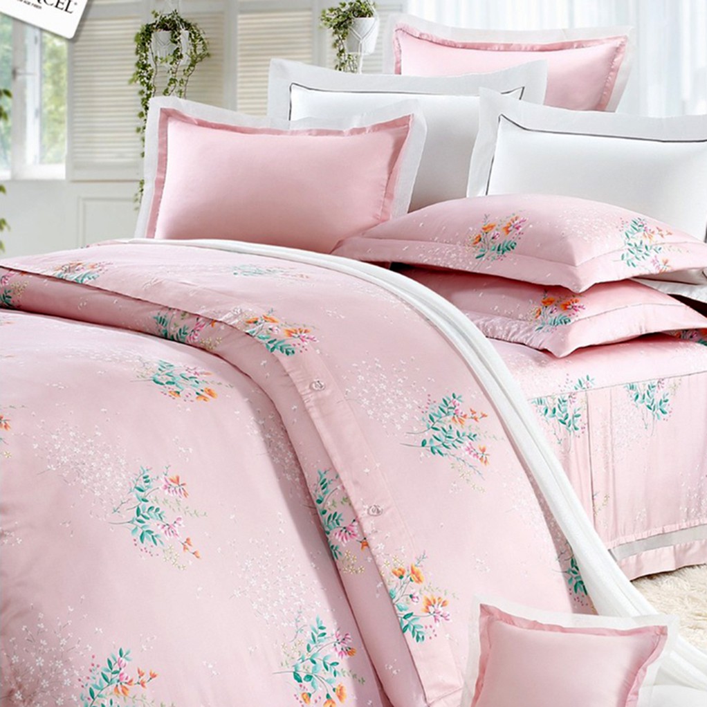60支純天絲【日式花園-粉】床罩組 床包被套組 床包兩用被套組 JM-9036 台灣製 嫁妝