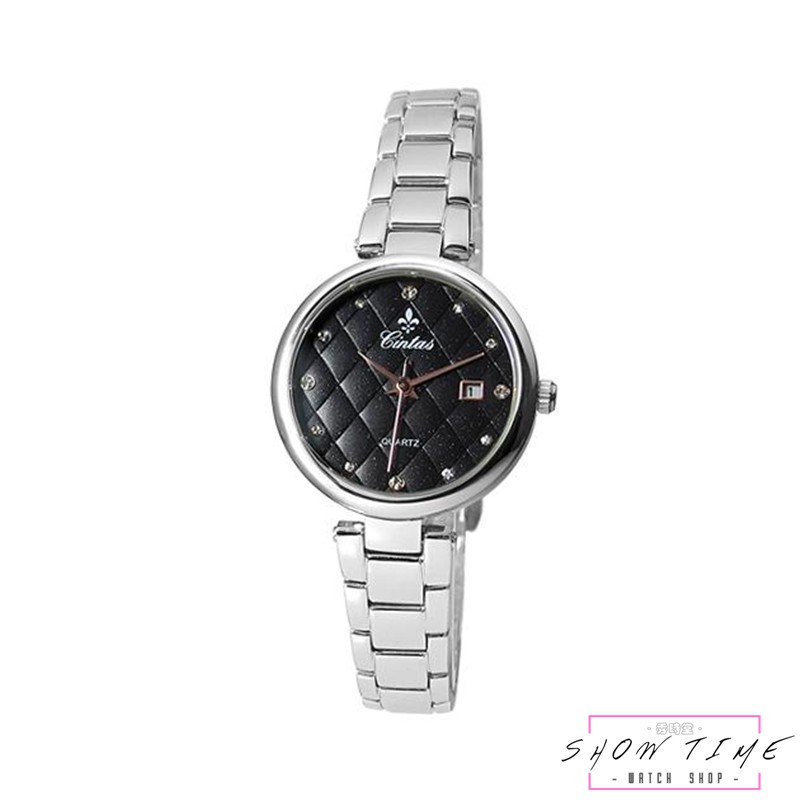 CINTAS 水鑽時刻氣質格紋面盤女腕錶-鋼帶/黑面銀 3001LS-1 [ 秀時堂 ]