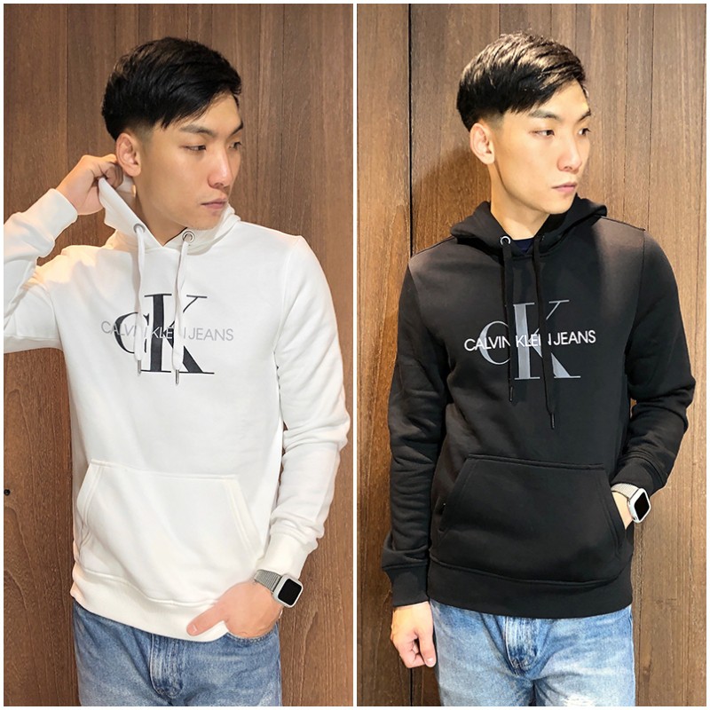 美國百分百【全新真品】Calvin Klein 長袖 連帽T恤 CK 帽T 上衣 男 大logo 黑色/白色 F820