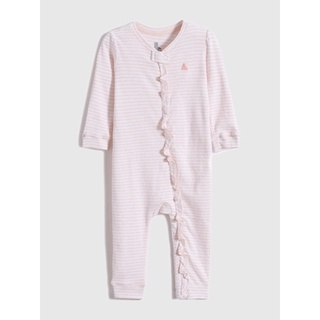 《二手》100%正品baby GAP嬰兒純棉荷葉邊粉紅條紋長袖包屁衣~👶2021款式
