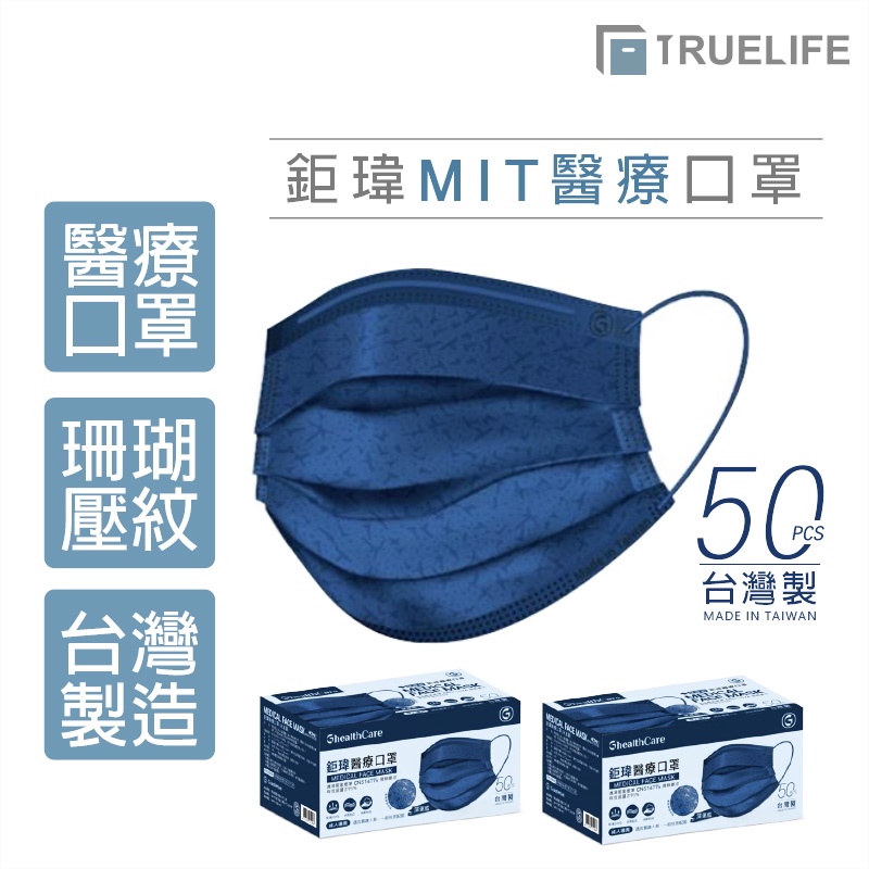 鉅瑋 醫療口罩 珊瑚壓紋 深邃藍 雙鋼印 醫療級口罩 台灣製造