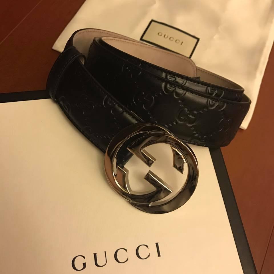 Gucci 經典黑色壓紋G頭男皮帶