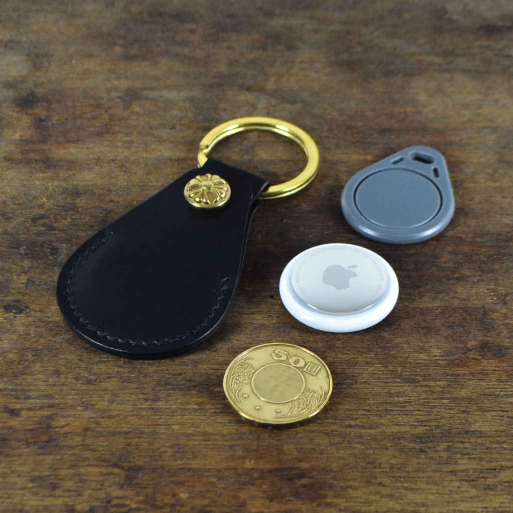 【鞹】手制 義大利協會認証植鞣革黑色手縫Air Tag-IC鑰匙扣卡-50元硬幣鑰匙皮套