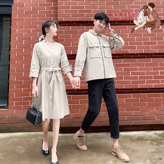 【COUPLE】💕💕裝新早秋女中長款純色收腰中長款氣質連衣裙男 工裝外套
