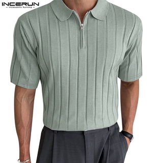 Incerun 男士短袖純色商務拉鍊條紋 Polo 襯衫