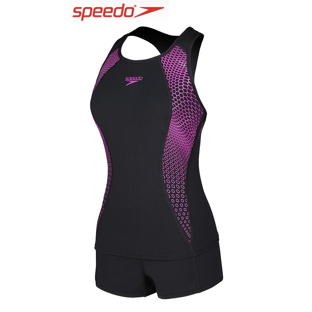 ~有氧小舖~2020 SPEEDO運動兩件式泳裝Placement Tankini RB貼身剪裁泳衣+平口泳褲 黑x酒紅