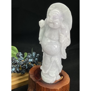 天然緬甸玉翡翠A貨 玉雕財神彌勒 白底帶紫羅蘭 ※ J1