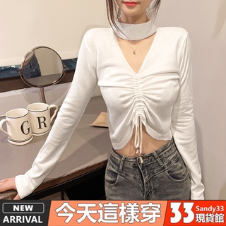 美脖V領抽繩針織上衣【7198】sandy33 秋冬新款休閒百搭韓系INS氣質抓皺收腰短版掛脖上衣 長袖上衣 女生上衣女