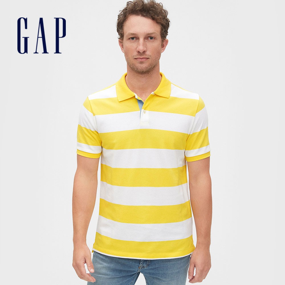 Gap 男裝 棉質條紋設計短袖POLO衫-亮檸檬黃色(532548)