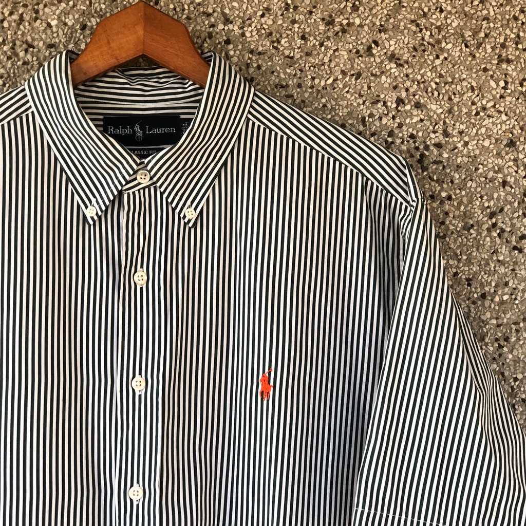 [Oldman Vintage] Polo Ralph Lauren 綠白條紋 橘標 馬球 古著襯衫 XL P108