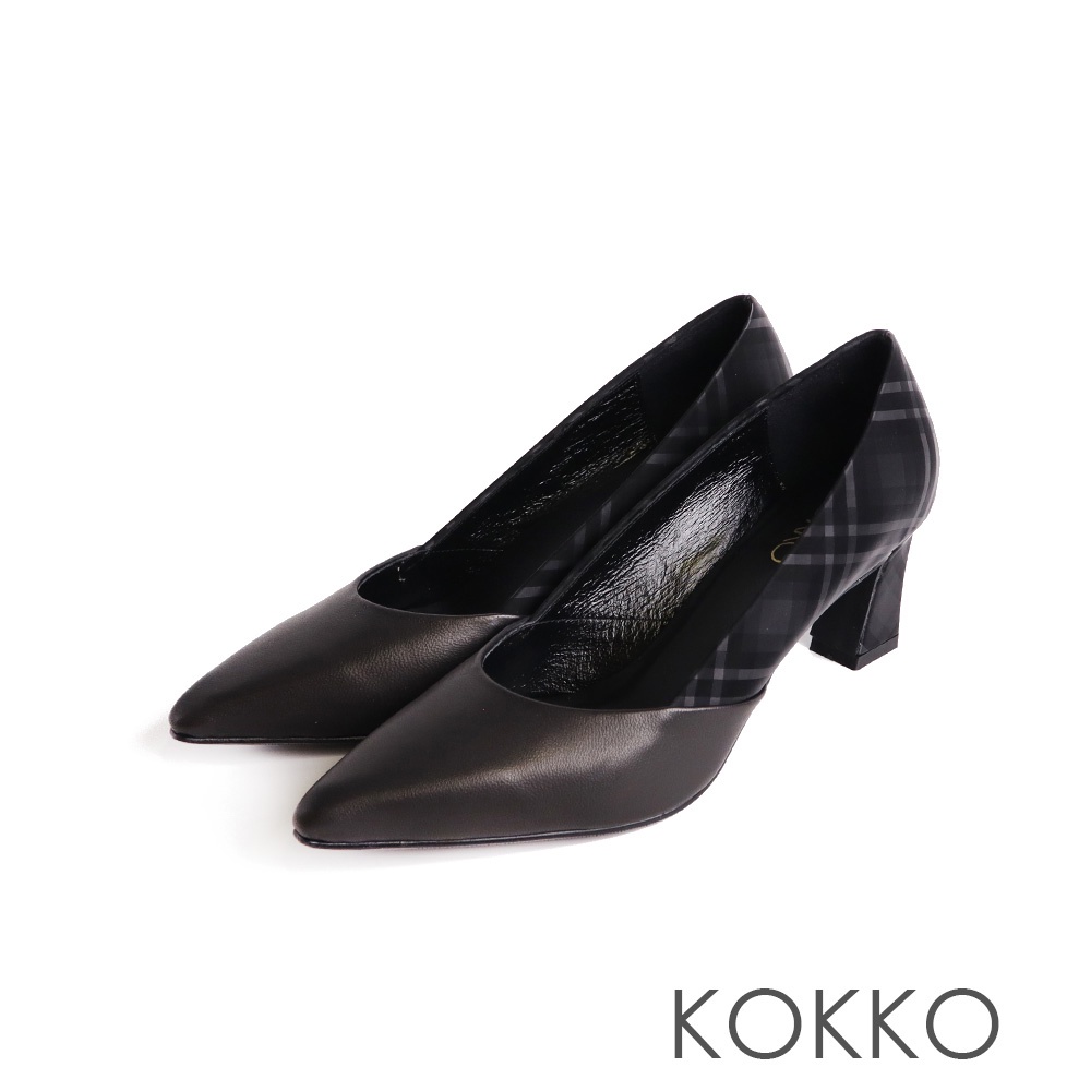 KOKKO經典尖頭絲綢感拼接真皮粗跟鞋格紋霧黑色