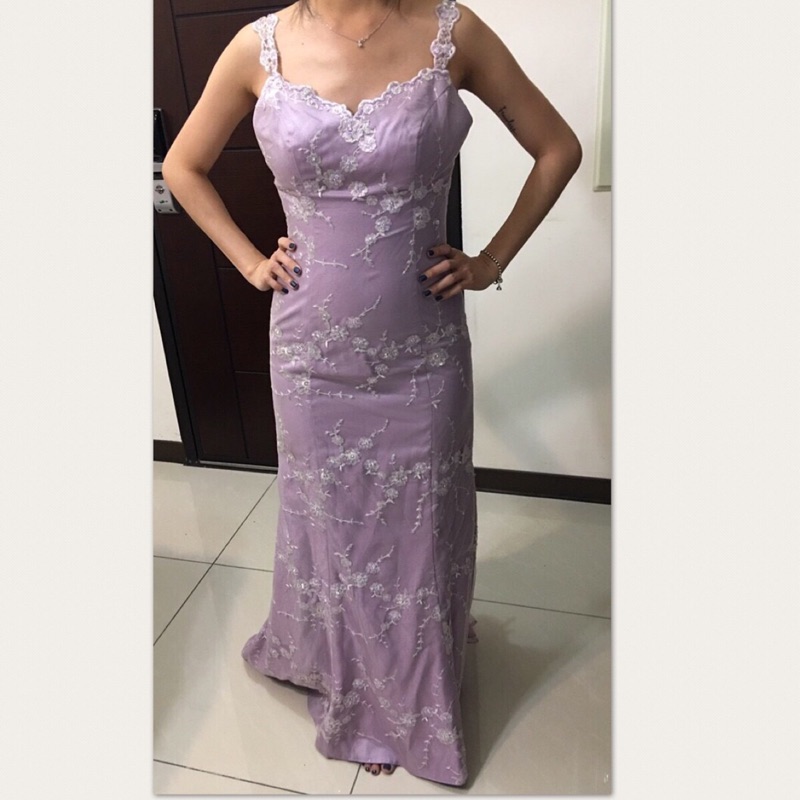 二手 紫色 婚紗 晚禮服 伴娘服 魚尾 小裙襬 長裙 媽媽裝