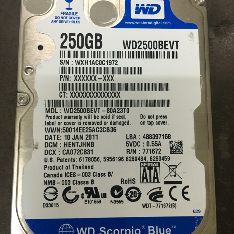 WD筆電硬碟2.5吋 250GB，保證良品，無壞軌，特賣300元