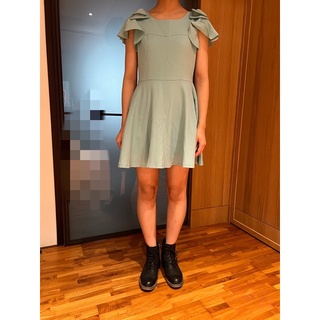 二手 正版 日本 honey bunch 專櫃 vivi Lena Tiffany藍綠色 肩上蝴蝶結造型袖 短裙洋裝