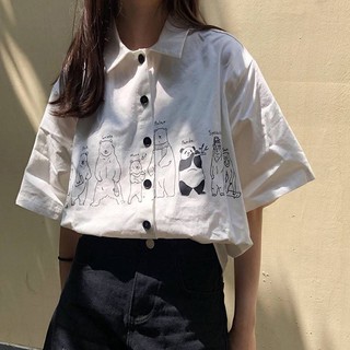 長袖襯衫 白色印花怪味熊貓少女短袖襯衫女夏季2020新款韓版學生寬松polo衫襯衣
