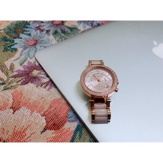 Michael Kord MK5896玫瑰金水鑽粉色錶盤三眼錶