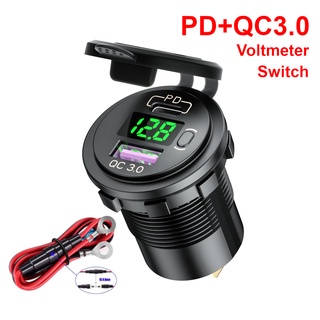 12 / 24V 汽車 PD Type C QC3.0 USB 快速充電器插座, 帶開關 LED 電壓表電源插座快速充電