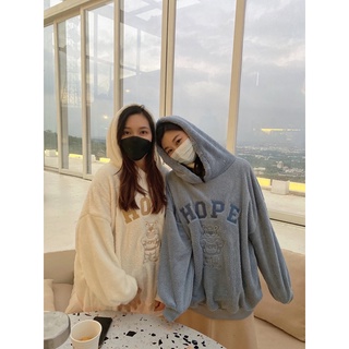 3色現貨秒出♥️售完不再【JinG】可單穿*小熊寶寶刺繡字母寬鬆帽T♥️毛茸茸連帽長袖上衣 毛巾布 絨布 長袖毛衣